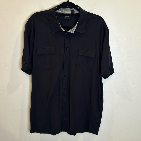 HUGO BOSS MENS BUTTON DOWN SHIRT REGULAR FIT SIZE XXL 100% COTTON NAVY BLUE - Picture 1 of 10